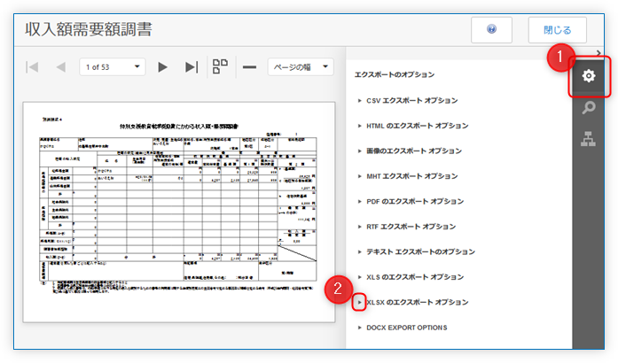 エクスポートのオプションボタン